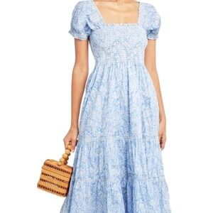 OPT Daphne Square Neck Smocked Maxi Dress Blue Paisley Print Puff Sleeve S